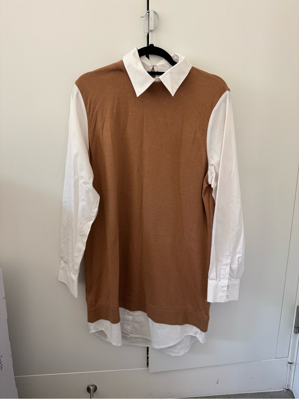 STAUD Brown Knit mini dress with white button down detail